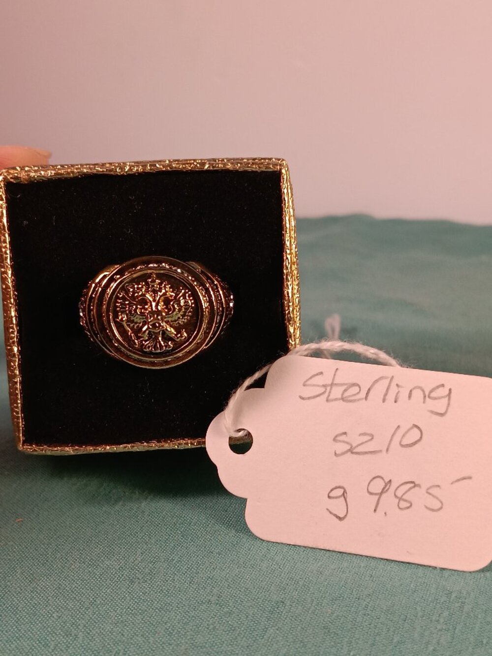 Vintage 925 Sterling Silver Gold Tone Crest Ring Size 10 Statement Signet Style